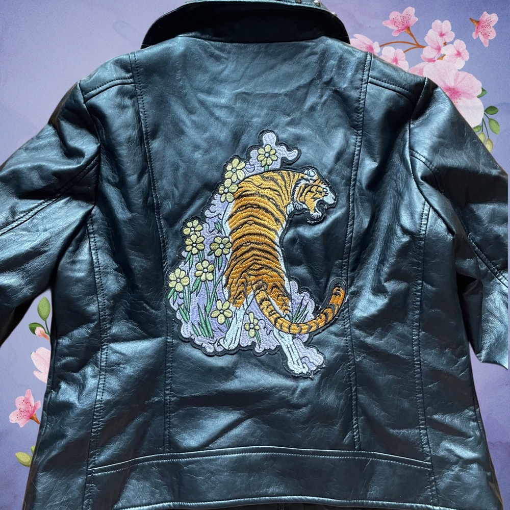 Floral Tiger Patch Leather Studded Jacket